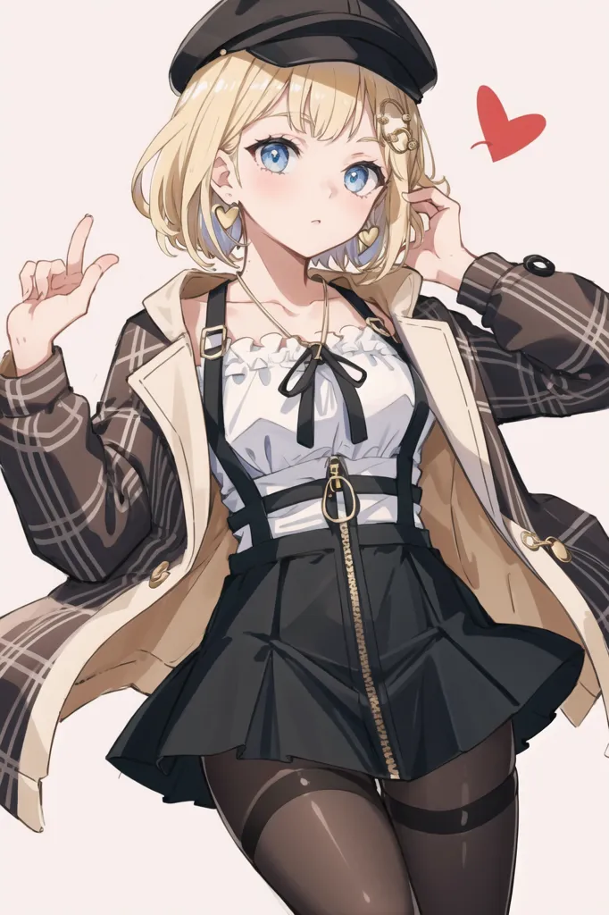 L'image représente une fille d'anime aux cheveux blonds et aux yeux bleus. Elle porte un béret noir, un chemisier blanc, une jupe noire et un manteau marron. Elle porte également des bas noirs et des chaussures marron. Elle a une boucle d'oreille en forme de cœur rose dans l'oreille gauche. Elle se tient debout, la main gauche sur la hanche et la main droite pointée vers le haut. Elle a une expression surprise sur le visage.