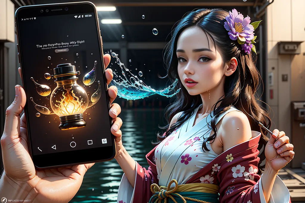 The image is of a woman holding a smartphone in her hand. The woman is wearing a traditional Japanese kimono with a floral pattern and has a flower in her hair. She is looking at the screen of the smartphone, which is displaying a picture of a lamp. The background is blurred and is a traditional Japanese house.