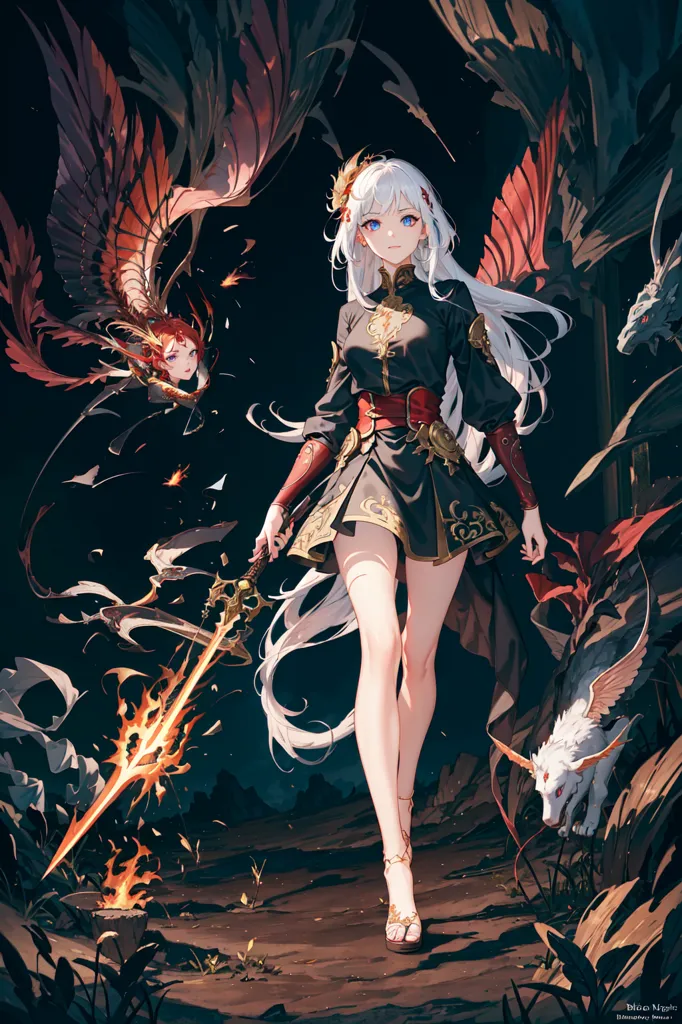 The image is of a beautiful anime girl with long white hair and blue eyes. She is wearing a black and red dress with a white cape. She is also wearing a pair of red boots. She is standing in a forest, and there is a red dragon flying behind her. There is also a white wolf walking beside her. The girl is holding a sword, and she looks like she is ready to fight.