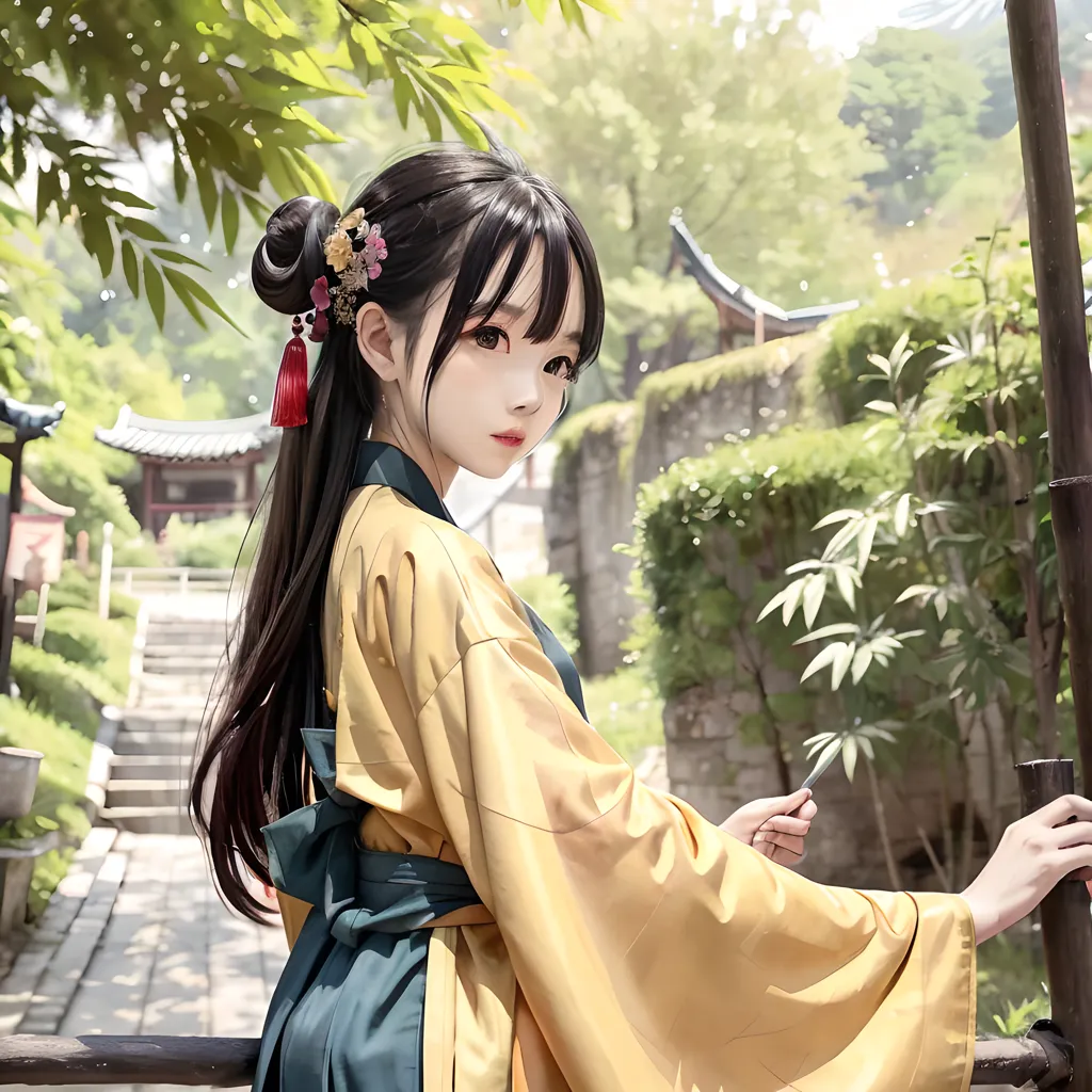 The image is a painting of a young woman in a traditional Chinese dress. She is standing in a garden, surrounded by lush green plants and flowers. The woman is wearing a yellow robe with a green sash and has her long black hair tied up in a bun. She is looking at the viewer with a serene expression on her face. The painting is done in a realistic style, and the artist has paid great attention to detail. The woman's clothing is intricately rendered, and the background is full of lush vegetation. The painting is a beautiful and evocative work of art that captures the beauty of the natural world and the grace of the human form.