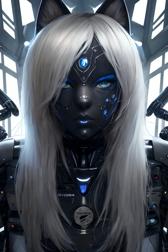 L'image est un portrait d'un cyborg féminin avec des oreilles de chat. Elle a de longs cheveux blancs, des yeux bleus et une peau foncée. Elle porte une combinaison noire et grise avec une lumière bleue sur sa poitrine. Elle a plusieurs améliorations cybernétiques, notamment une plaque métallique sur la tête, un bras gauche robotique et un œil droit cybernétique. Elle se tient dans un décor futuriste avec une grande fenêtre en arrière-plan.