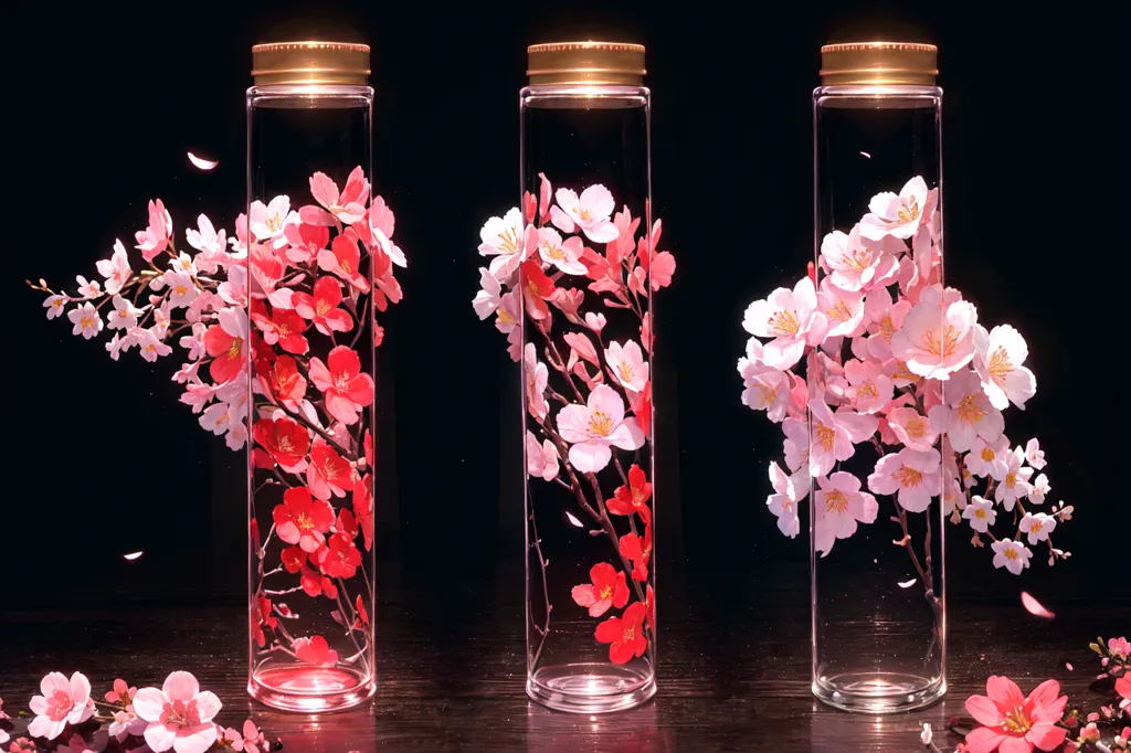 The image shows three glass cylinders on a black table. The cylinders are filled with a clear liquid and contain realistic cherry blossom branches with delicate pink and red flowers. The branches are arranged in a way that they appear to be floating in the liquid. The background is black, which makes the cherry blossoms stand out. The overall effect is one of beauty and elegance.