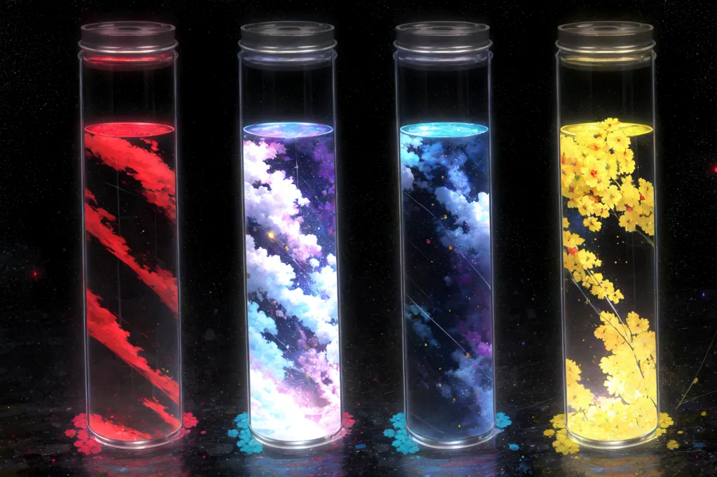 Four glass containers with different colored liquids and objects in them. The first container has a dark red liquid with red wispy clouds. The second container has a light blue liquid with white clouds and stars. The third container has a dark blue liquid with a starry night sky and a few clouds. The fourth container has a light yellow liquid with yellow flowers and stars.