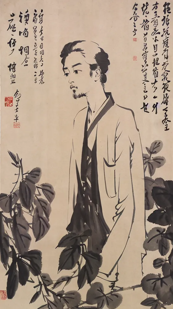 The image is a Chinese painting of a man in traditional Chinese clothing. The man is standing in a garden, with a large plant with green leaves behind him. He is wearing a long robe with a high collar, and his hair is long and black. The man's face is serene, and he appears to be lost in thought. The painting is done in a realistic style, and the artist has used a variety of brushstrokes to create the different textures of the man's clothing, the plant, and the background.