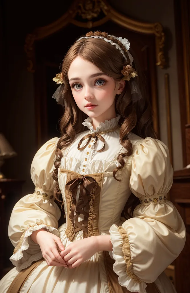 The image shows a young girl with long brown hair and blue eyes. She is wearing a white and gold dress with a corset and a large bow on the front. She is also wearing a matching headpiece with flowers on it. The girl is standing in front of a dark background with a mirror frame on the right.