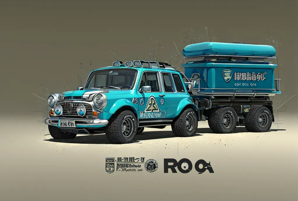 Gambar ini menunjukkan sebuah Mini Cooper klasik berwarna biru muda dengan atap putih dan trailer biru dan putih. Mobil ini memiliki beberapa stiker, termasuk satu di kap yang bertuliskan "ROA". Trailer memiliki stiker yang bertuliskan "China Railway". Mobil dan trailer diparkir di atas hamparan pasir. Ada jalan di latar belakang dan bukit batu besar di kejauhan. Langit cerah dan matahari bersinar terang.