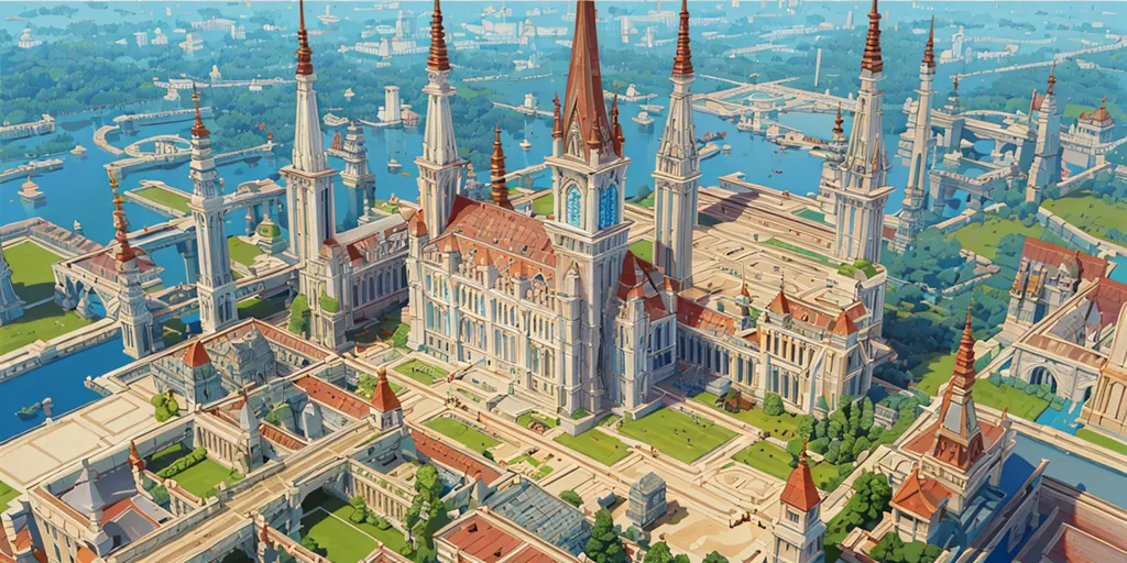 The image is of a large fantasy city with a European architectural style. The city is built on a series of canals and waterways, and there are large bridges connecting the different parts of the city. The buildings are mostly made of white stone and have red or green tile roofs. The city is surrounded by a large wall with towers at regular intervals. There is a large cathedral in the center of the city, and there are several other large churches and temples throughout the city. The city is very crowded, and there are people of all races and ethnicities walking around. The city is very lively, and there is a lot of noise and activity.