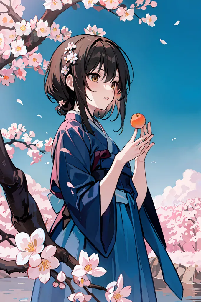 The image is a painting of a young woman standing in a field of cherry blossoms. The woman is wearing a blue kimono with a white obi and has long brown hair that is tied up in a bun. She is holding a peach in her right hand. The background is a blue sky with white clouds. The painting is done in a realistic style and the colors are vibrant and lifelike.