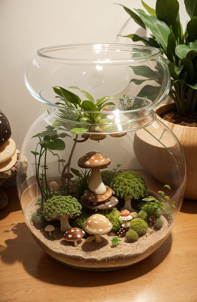 This is a photo of a glass terrarium containing a variety of plants and fungi. The terrarium is a large, round glass container with a wide opening at the top. Inside the terrarium, there are several small plants, including mosses, ferns, and other small-leaved plants. There are also several small mushrooms growing in the terrarium. The mushrooms are mostly brown and white, with some green and red mushrooms as well. The terrarium is decorated with several small rocks and pieces of wood. There is also a small amount of sand in the bottom of the terrarium.