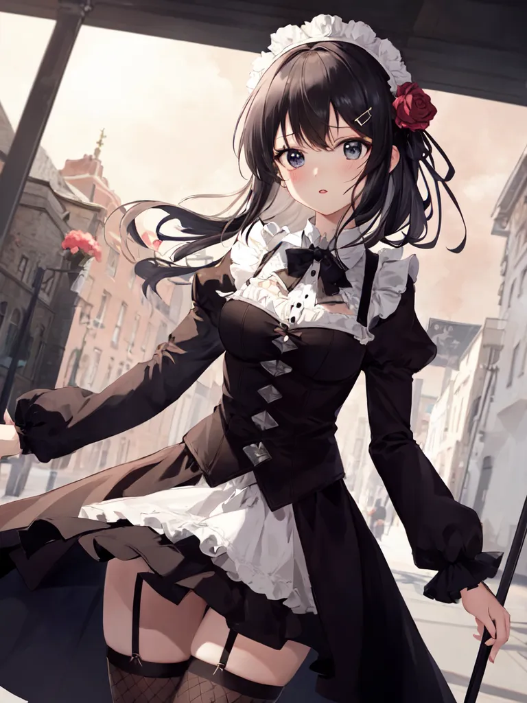 The picture shows a young girl with long black hair in a black and white maid outfit. She is standing in a street with European-style buildings. The girl has a red rose in her hair and is looking at the viewer with a shy expression.