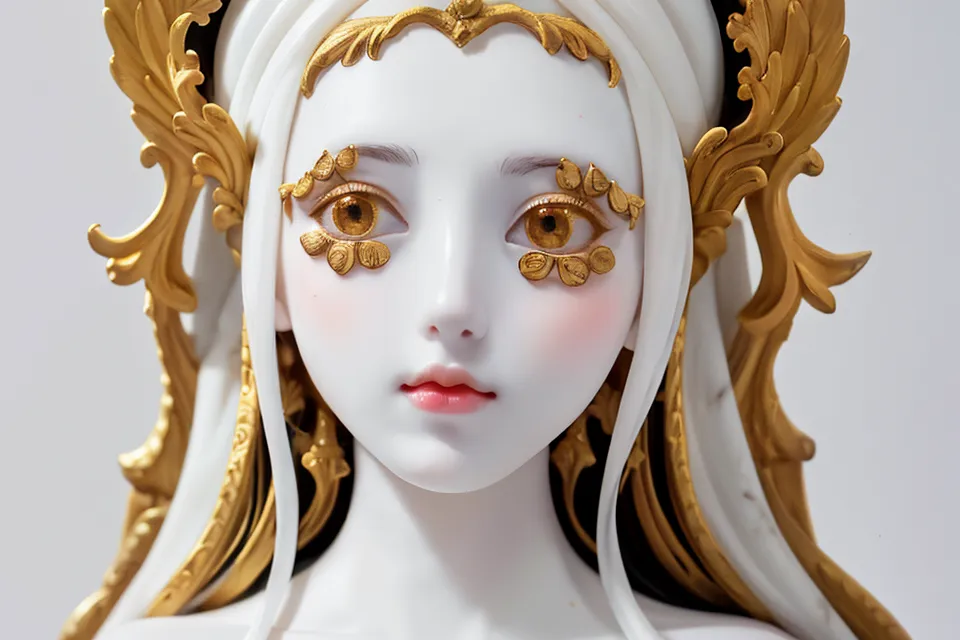 The image is a close-up of a woman's face. She has pale skin, golden eyes, and long white hair. She is wearing a golden headdress and has golden leaf-shaped decorations around her eyes. The background is a blur of white and gold. The image is very detailed and looks like it was rendered in 3D.