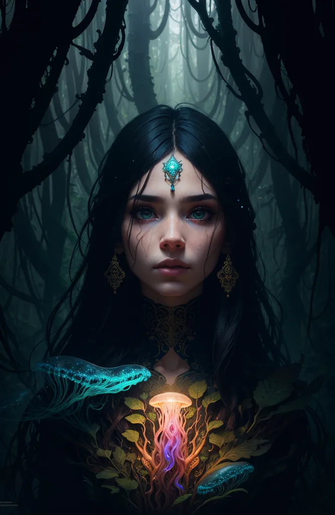 This image shows a woman with long black hair and blue eyes. She is wearing a dark green dress with a white collar. She has a strange glowing jellyfish-like creature on her chest. She is standing in a dark forest, surrounded by tall trees and strange glowing plants.