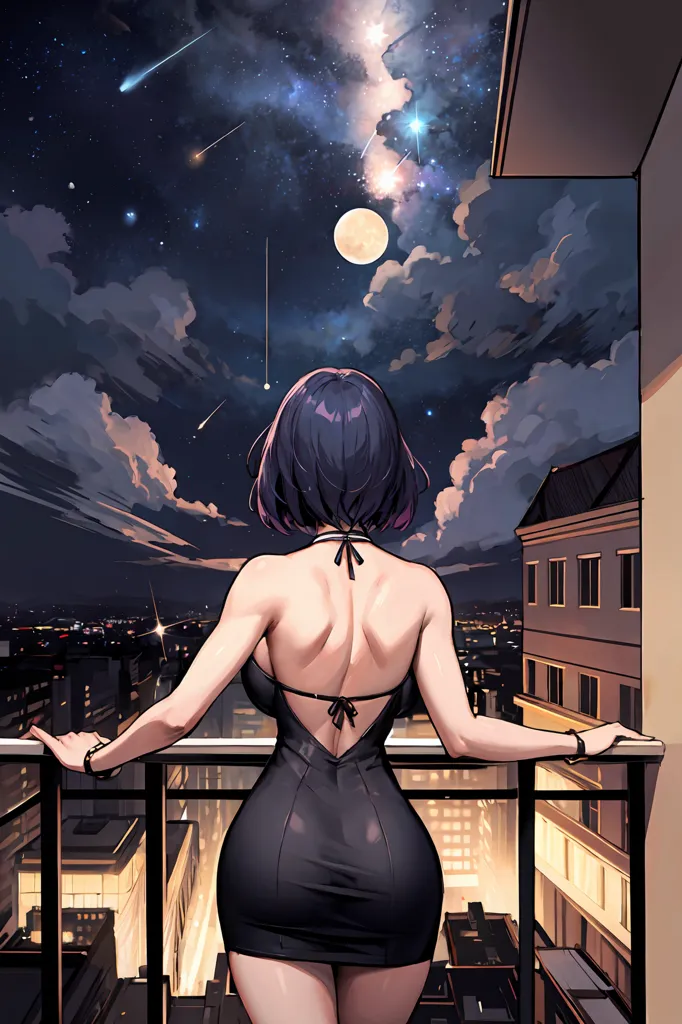 Une femme vêtue d'une robe noire se tient sur un balcon, regardant le ciel nocturne. La ville est au loin, et les étoiles brillent. Il y a une étoile filante dans le ciel. La femme porte un collier noir et a les cheveux noirs. Elle s'appuie sur la rambarde du balcon avec une main et a l'autre main posée sur sa hanche.