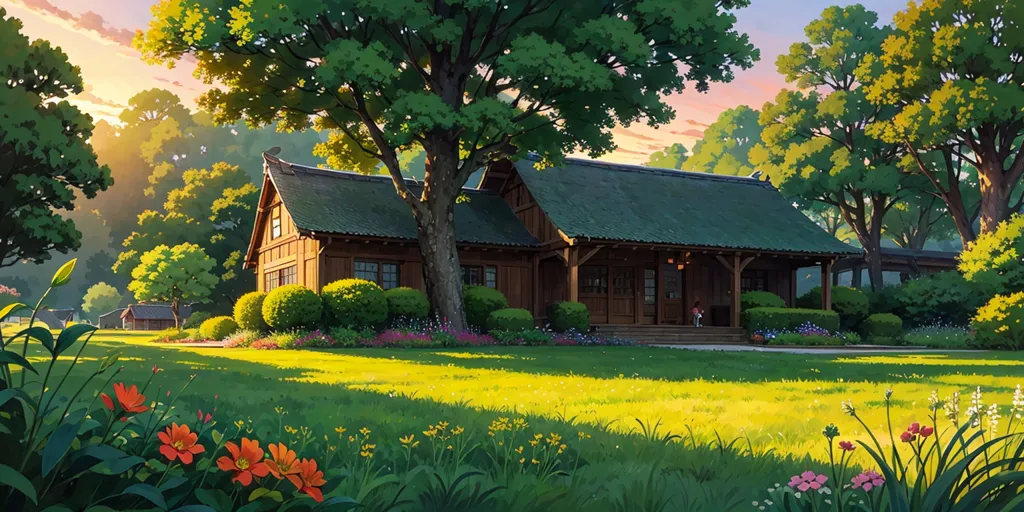 The image is a beautiful landscape of a house in the countryside. The house is made of wood and has a large garden with many flowers and trees. The sky is blue and the sun is shining. There are some bushes and flowers in the foreground. The house has a porch and a chimney. The trees are tall and green. The flowers are colorful. The grass is green and lush. The sky is blue and clear. The sun is shining brightly. The overall effect is one of peace and tranquility.