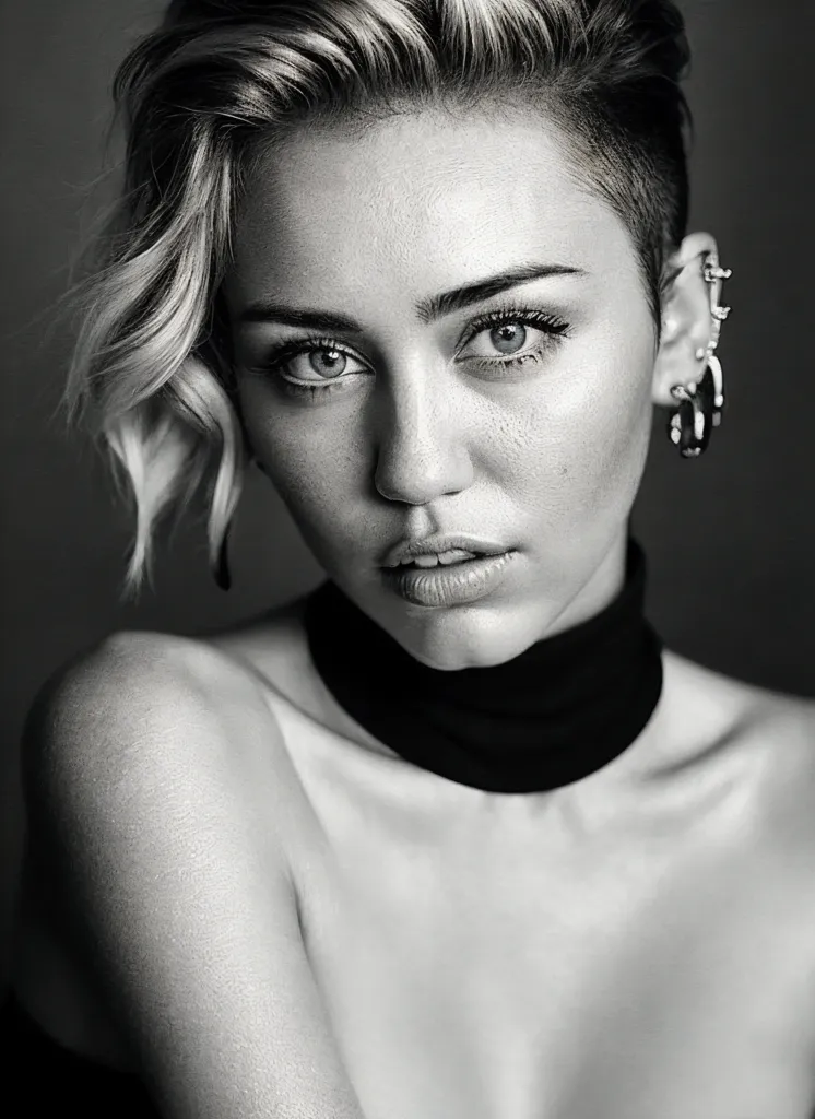 The image is a black-and-white portrait of Miley Cyrus. She is looking at the camera with a serious expression. She is wearing a black turtleneck blouse that is pulled down to reveal one shoulder. Her hair is short and styled in a choppy bob with bangs. She is wearing several earrings in her left ear. Her makeup is natural, with a smoky eye and a nude lip. The image is taken from a high angle, which makes Miley Cyrus's eyes look even more intense. The background is a dark gray, which makes Miley Cyrus stand out. The image is cropped closely around her face, which makes her the center of attention.