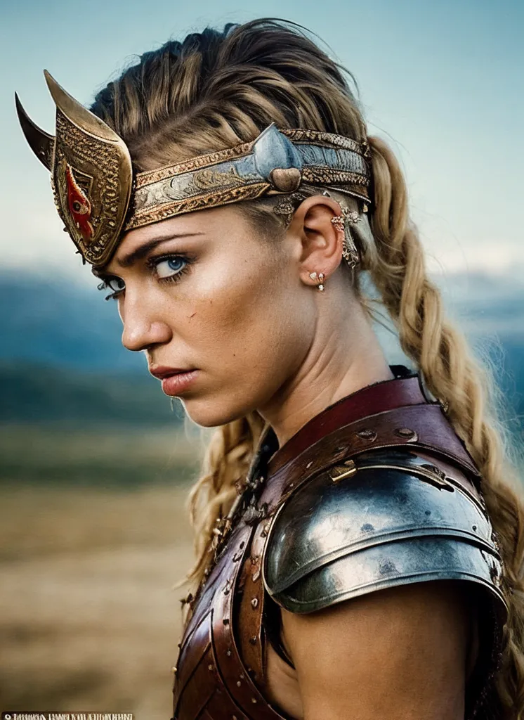 This image shows a young woman, with an intense expression on her face, wearing a warrior's outfit. She is wearing a breastplate and a horned helmet and has her blonde hair in a braid.