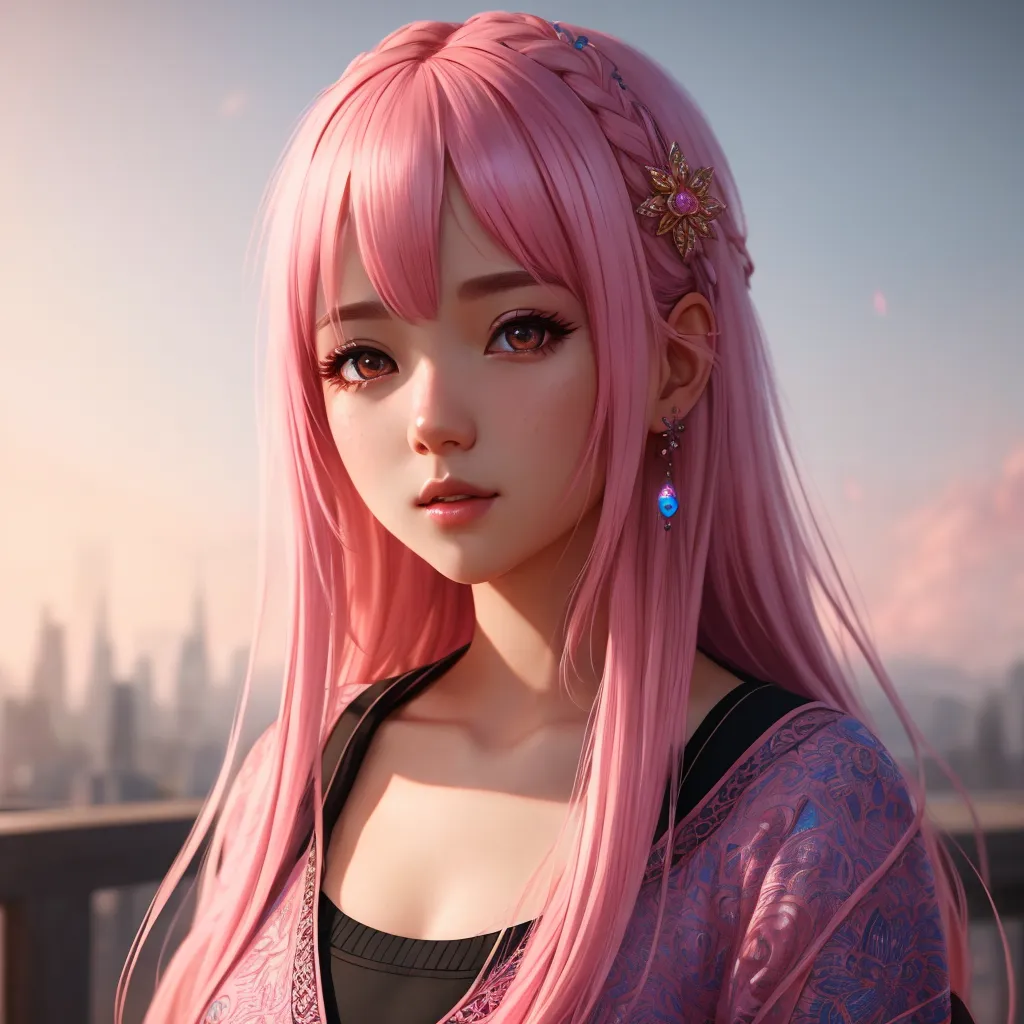 The image shows a young woman with pink hair and brown eyes. She is wearing a black and pink outfit. The background is a blurred cityscape.