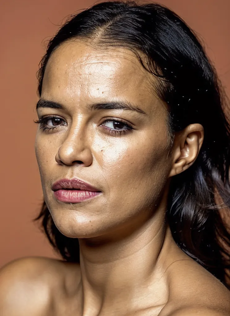 The image is a portrait of a woman with dark skin and dark hair. She is looking at the camera with a serious expression. Her hair is wet and she is sweating, suggesting that she has just been exercising. She is not wearing any makeup and her skin is flawless. The background is a warm brown color, which contrasts with her skin tone. The overall effect of the image is one of strength and beauty.