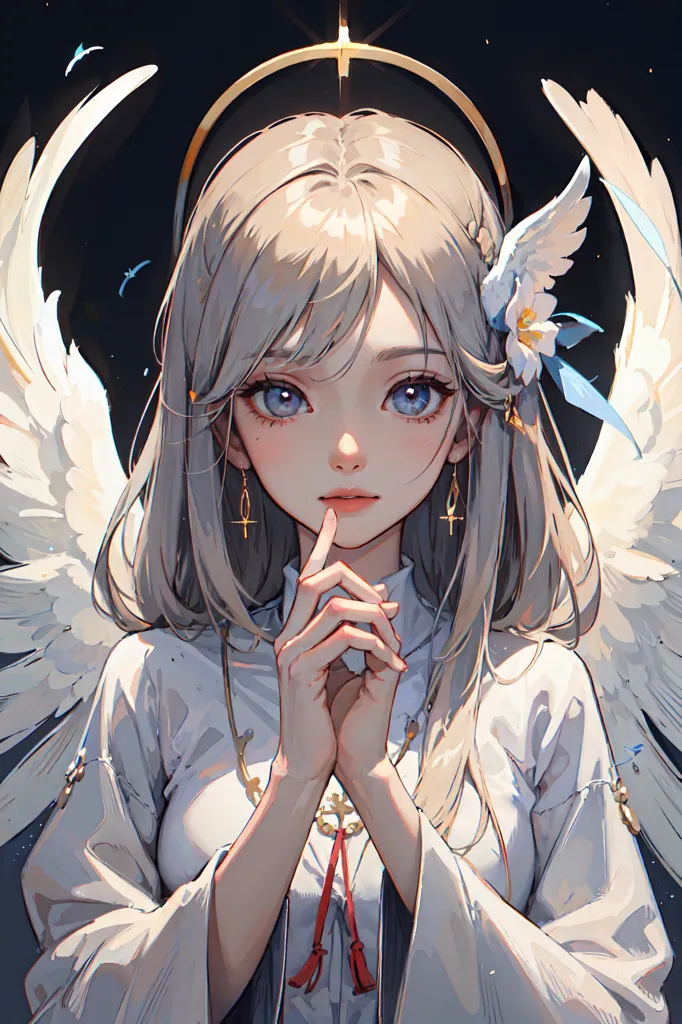 La imagen es de una hermosa chica de anime con el cabello largo y ondulado. Tiene las manos juntas delante de su pecho y los ojos cerrados. Lleva un vestido blanco con un halo dorado sobre su cabeza. Tiene una sonrisa suave en su rostro y sus alas se extienden detrás de ella. La imagen está dibujada en un estilo realista y los colores son suaves y apagados. El fondo es un cielo nocturno azul oscuro con estrellas.