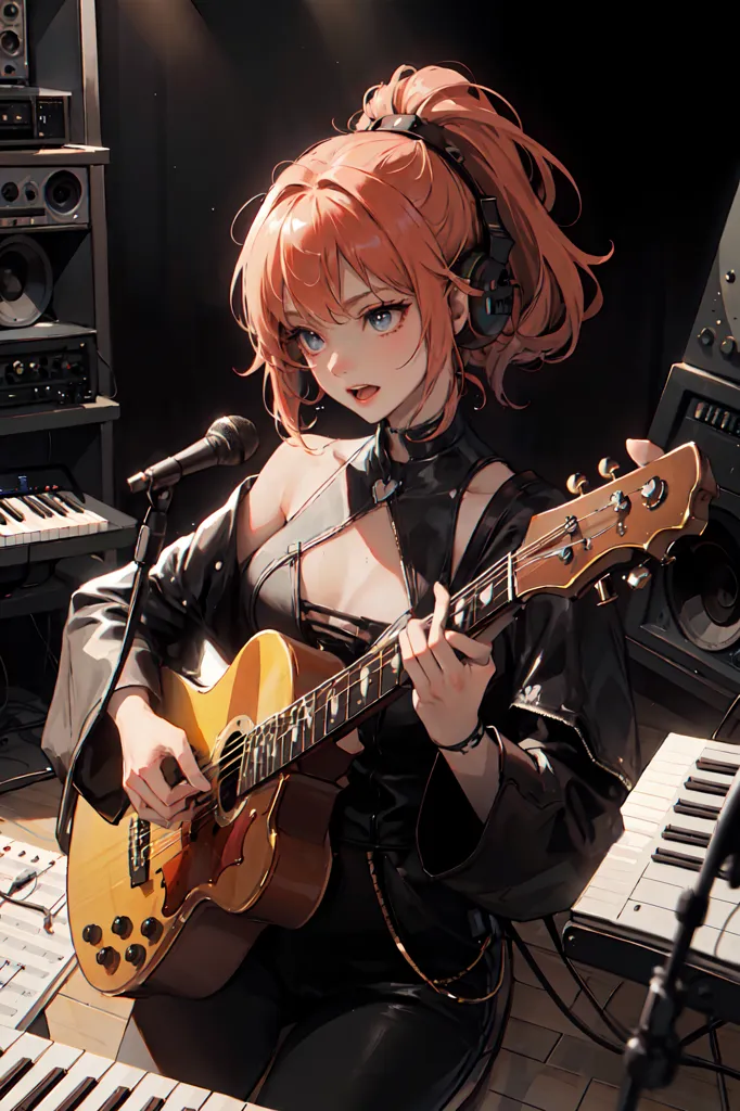 The image shows a young woman with long red hair playing an acoustic guitar. She is wearing a black leather jacket and a black choker. She is sitting in a recording studio, surrounded by musical equipment. There is a microphone in front of her, and there are speakers and keyboards behind her. The woman is looking at the camera with a determined expression on her face.