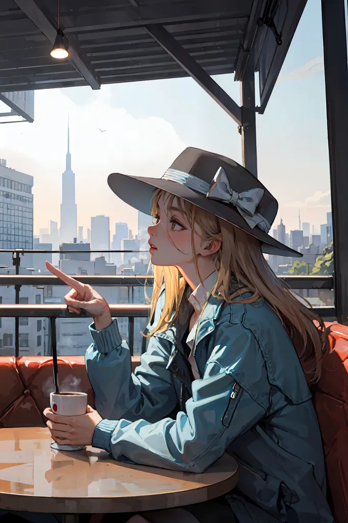 The picture shows a girl sitting at a table in a cafe on the top floor of a building. She is wearing a blue jacket and a black hat with a white ribbon. She is drinking from a white cup and pointing at something across from her. She has long blond hair and blue eyes. The background of the picture is a cityscape with tall buildings.