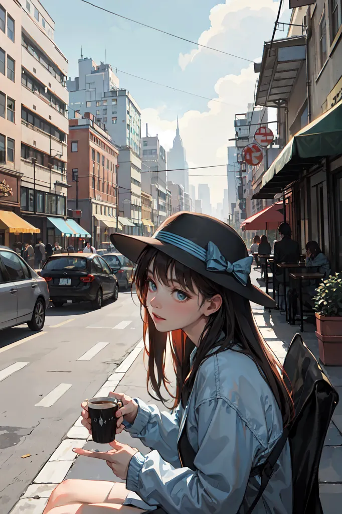 The image is a painting of a young woman sitting on a sidewalk in a city. She is wearing a blue hat, a blue shirt, and a brown bag is slung over her shoulder. She is holding a coffee cup in her right hand. The background of the image is a busy street with cars and people walking. There are buildings on either side of the street and a blue sky with white clouds overhead. The painting is done in a realistic style and the colors are vibrant and lifelike.