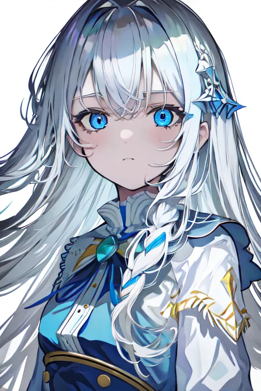 The image is of an anime-style girl with long, white hair and blue eyes. She is wearing a white and blue dress with a blue ribbon in her hair. She has a gentle smile on her face. The background is white.