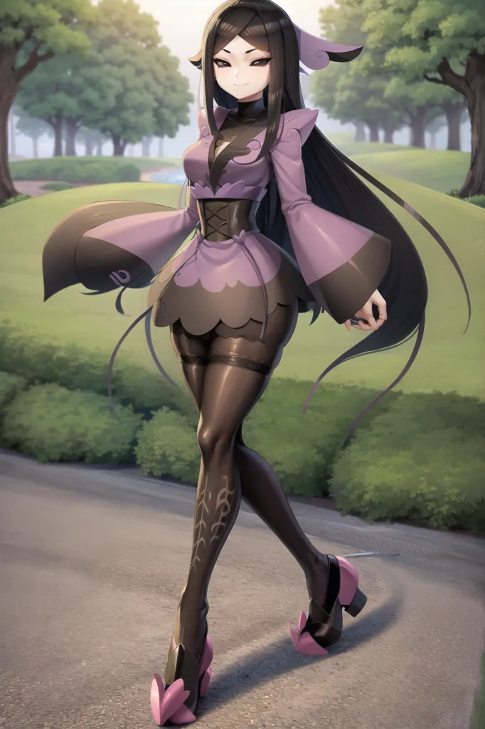 The image is of a young woman with long black hair, purple eyes, and a pale complexion. She is wearing a purple and black dress with a corset and a long black cape. She is also wearing black stockings and pink shoes. She is standing in a park, surrounded by trees and bushes.