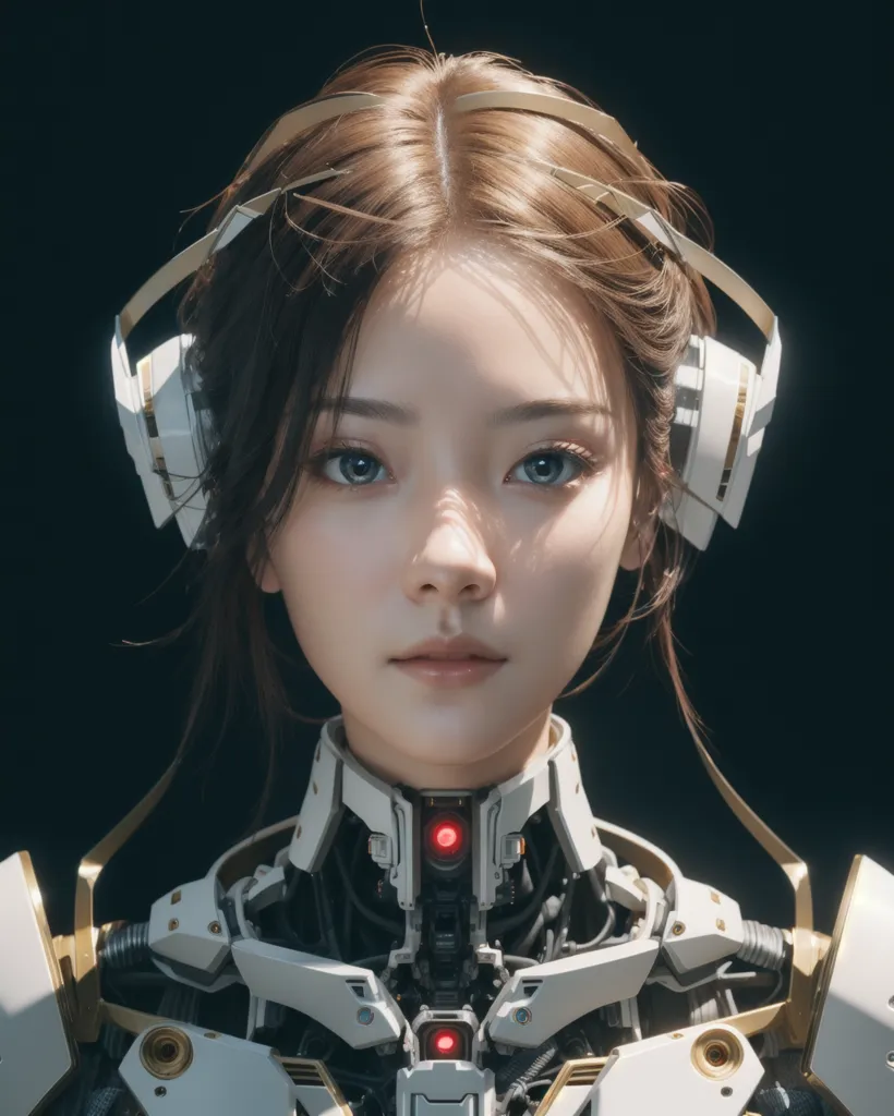 The image is a portrait of a young woman with brown hair and blue eyes. She is wearing a white and gold-colored suit of armor and has a red light glowing on her chest. The background is black. The woman's expression is serious and determined. She is looking at the viewer with her head tilted slightly downward at an angle.