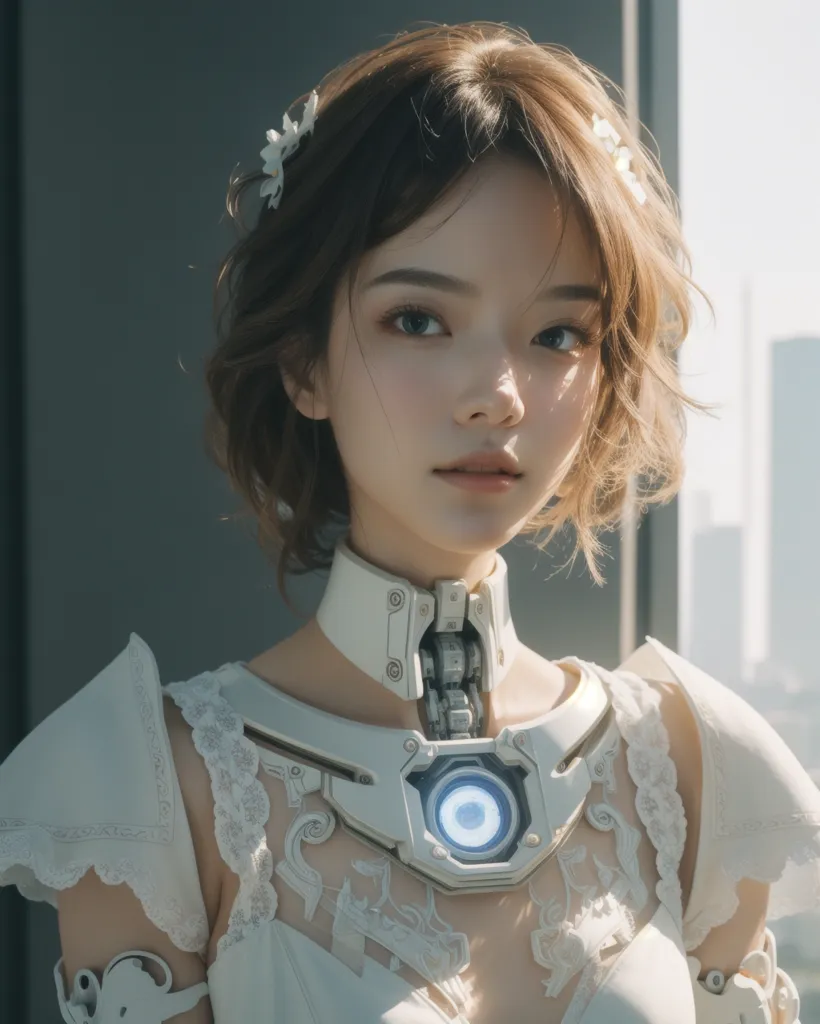 The image shows a young woman with short brown hair and light makeup. She is wearing a white dress with a high collar and a large necklace. The collar is made of metal and has a blue circle in the center. The woman's eyes are slightly open and she is looking at the camera. Her expression is serious and thoughtful. The background is a blurred city.