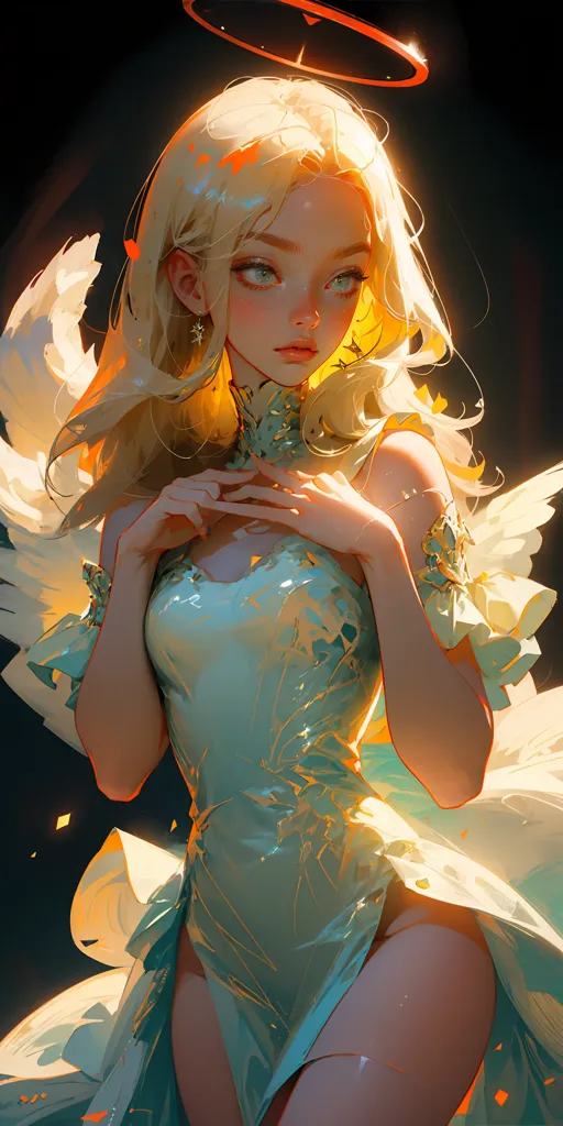 The image is of a beautiful woman with long, flowing blonde hair. She is wearing a white dress with a sweetheart neckline and a high slit. The dress is trimmed with gold and has a long train. The woman is standing in front of a dark background, and she is looking at the viewer with a serene expression. She has a halo above her head, and her hair is blowing in the wind. The image is painted in a realistic style, and the colors are vibrant and lifelike.