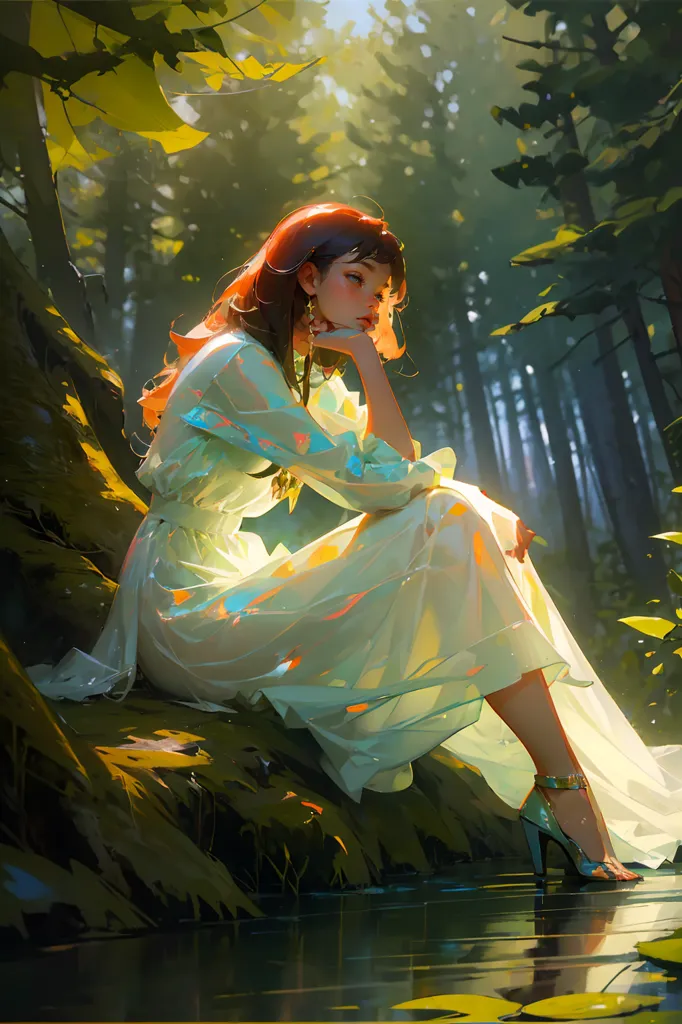 La imagen es una pintura de una hermosa mujer sentada sobre una roca en un bosque. Ella está usando un vestido blanco y tiene el cabello largo y rojo. El sol se filtra a través de los árboles y crea un patrón moteado en el suelo. La mujer mira hacia un lado y tiene una expresión pensativa en su rostro. Ella está usando una expresión reflexiva mientras se sienta con una mano apoyada en la barbilla. La pintura está hecha en un estilo realista y los colores son vibrantes y realistas.