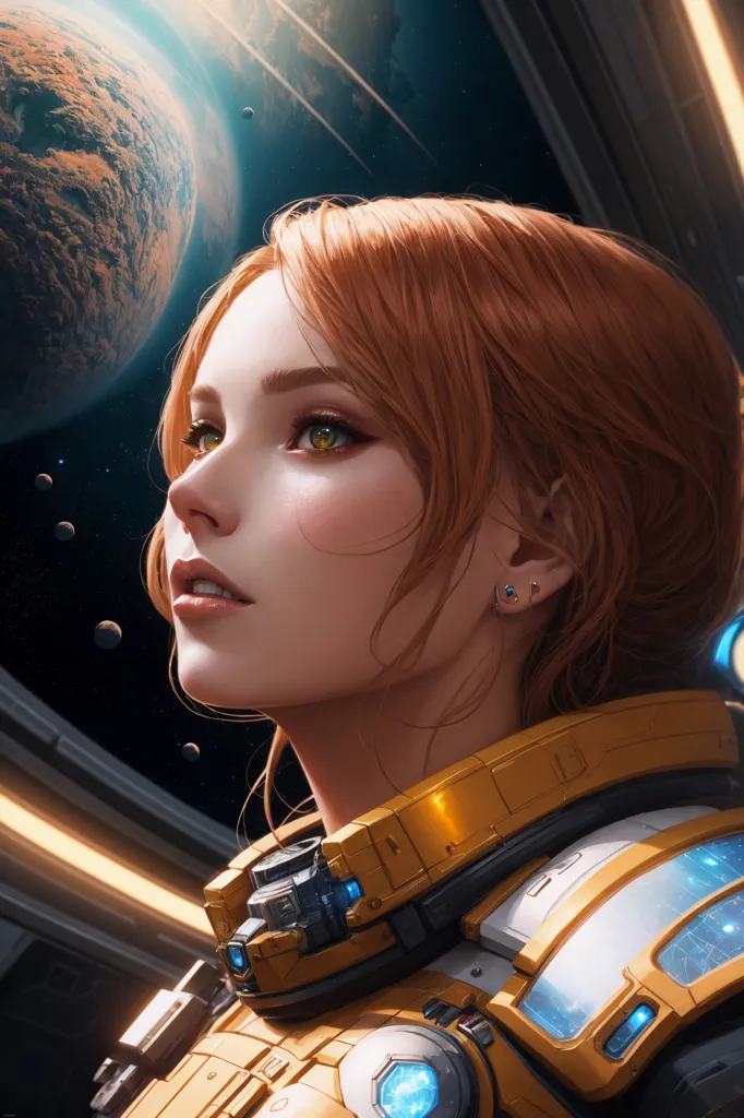 This is an image of a young girl in a yellow spacesuit with her helmet off. She is standing in a spaceship, looking out at a planet. The planet is mostly brown and has a thin atmosphere. There are also several moons in the background. The girl has red hair and green eyes. She is wearing a light-colored spacesuit with a clear visor. Her expression is one of wonder and awe.