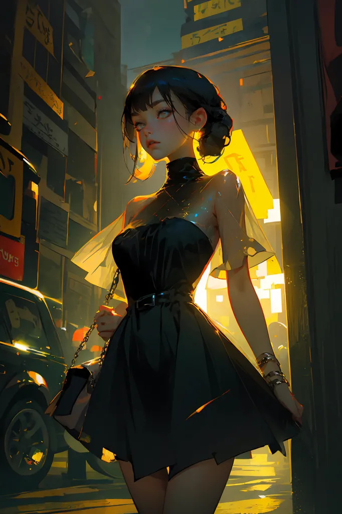 The picture shows a young woman standing in a dark alley. She is wearing a black dress and a black choker. Her hair is short and black. She is looking at the viewer with a neutral expression. There is a bright light source behind her, which is casting shadows over her face and body. The background is blurry and out of focus.