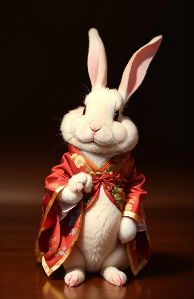 L'image montre un lapin blanc portant un kimono rouge et or. Le lapin se tient sur une surface brune avec un arrière-plan sombre. Le lapin a les oreilles dressées et regarde le spectateur. Le kimono a un motif floral et est noué avec un nœud rouge et or. Les pattes du lapin sont également rouges et or.