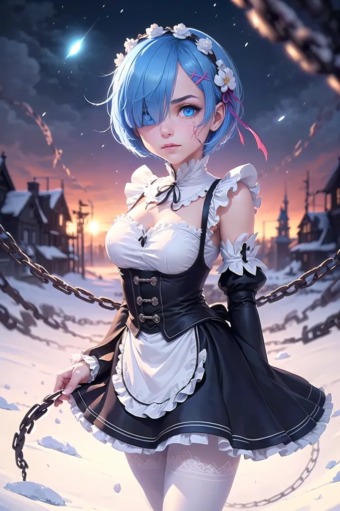 The image is of a young woman with blue hair and blue eyes. She is wearing a black and white maid outfit. She is standing in a snowy field, with a town in the background. There are chains wrapped around her arms.