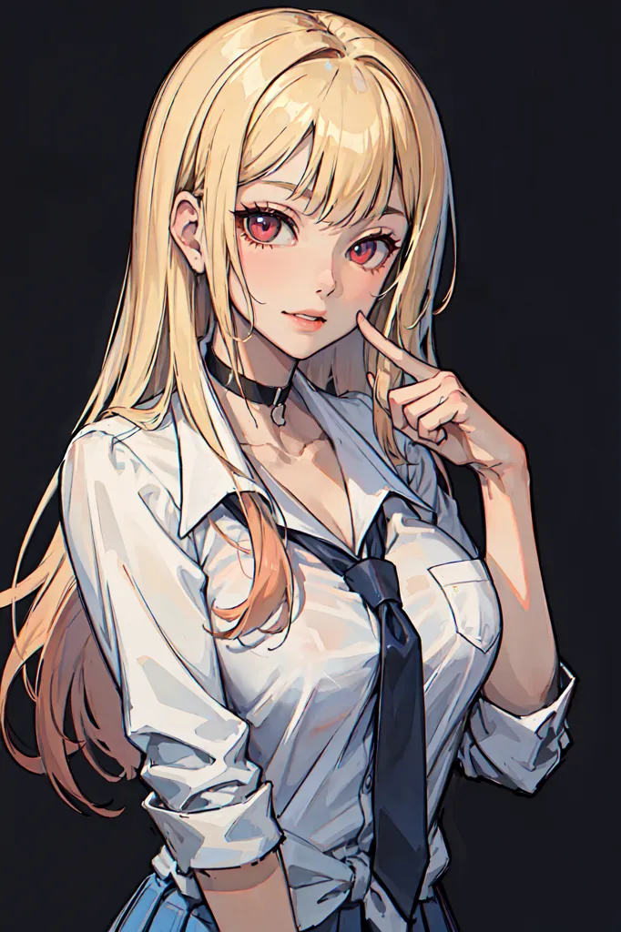 The image is of a young woman with long blonde hair and red eyes. She is wearing a white dress shirt with a black tie and has a black choker around her neck. She is looking at the viewer with a slight smile on her face and has one finger pressed to her cheek.