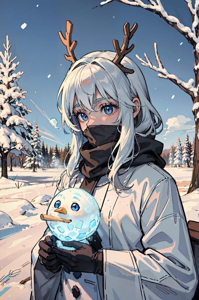 The image is a painting of a young girl with long white hair and blue eyes. She is wearing a white coat with a brown scarf around her neck and has antlers on her head. She is standing in a snowy forest and is holding a small snowman in her hands. The snowman has a carrot for a nose and two black buttons for eyes. The girl is smiling and has a happy expression on her face. The painting is done in a realistic style and the colors are vibrant and lifelike.