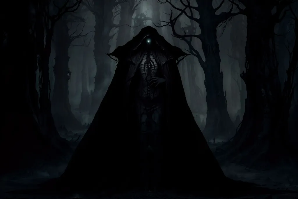 The image is of a tall, dark figure standing in a forest. The figure is wearing a long black cloak with a hood that is pulled up over its head. The only visible part of its face is a single glowing white eye. The figure is surrounded by dark trees and there is a thick mist on the ground. The image is dark and mysterious, and it is unclear what the figure is or what it is doing.