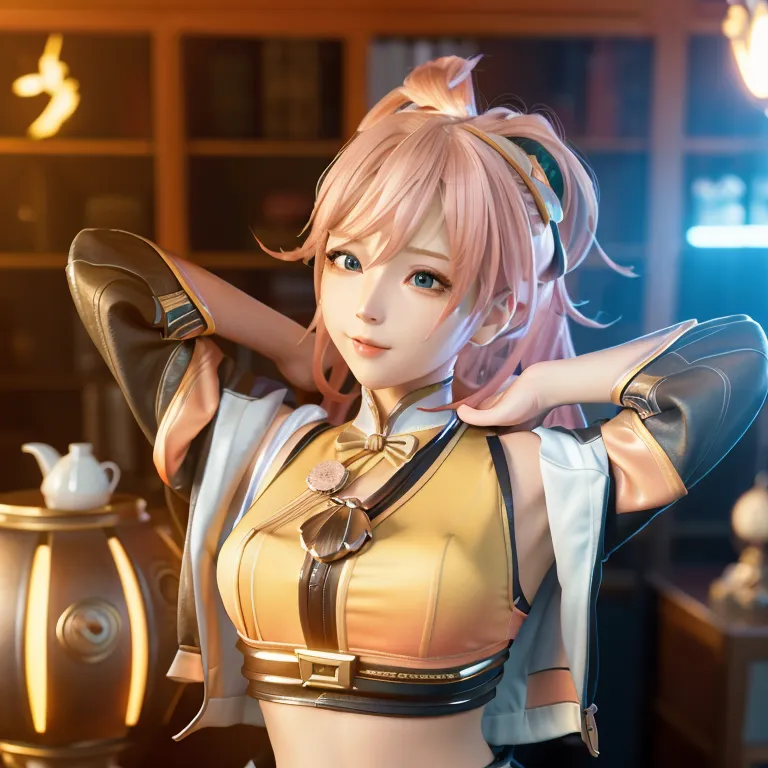 The image shows a young woman with pink hair and blue eyes. She is wearing a yellow and white outfit with a brown belt. She is standing in a room with a bookshelf and a table with a teapot on it. The woman has her hands on her head and she is looking at the viewer with a smile on her face.