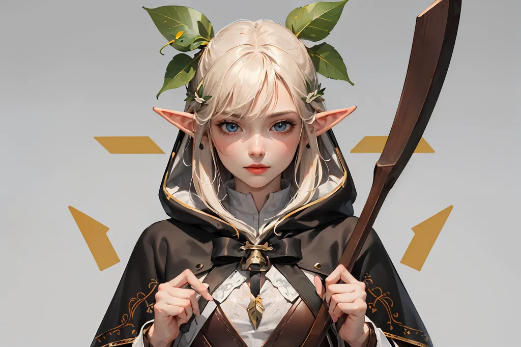 The image is of a beautiful young woman with long blonde hair, blue eyes, and pointed ears. She is wearing a brown cloak with a white shirt and a green sash. She is also wearing a circlet of leaves and flowers. She is holding a staff in her right hand. She has a serious expression on her face. The background is a light gray color.