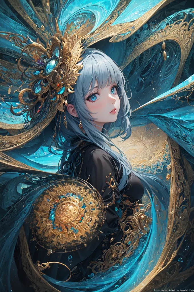 Esta imagen muestra a una hermosa chica de estilo anime con el cabello largo y de color azul claro, y ojos azules. Lleva un vestido negro con adornos dorados y un gran tocado dorado y azul. También lleva un collar y pendientes dorados. El fondo es de color azul claro con un círculo blanco en el centro. La chica está de pie frente al círculo blanco y mira al espectador con una expresión seria.