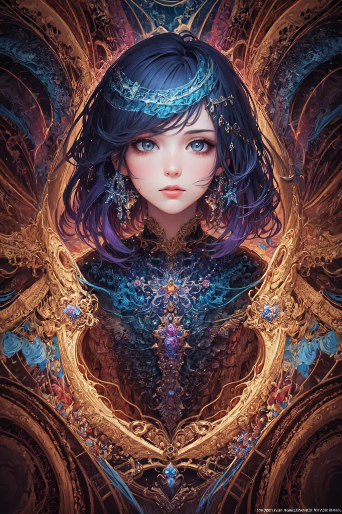 The image is a portrait of a young woman with long, blue hair and blue eyes. She is wearing a dark blue dress with gold trim and a gold necklace. The background is a dark gold color with a floral pattern. The woman's head is tilted slightly to the right and she is looking at the viewer with a serene expression.