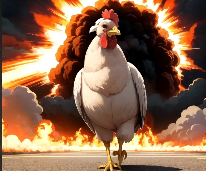 La imagen muestra un pollo de pie frente a una gran explosión. El pollo es blanco con una cresta y barbilla rojas. Mira a la cámara con una expresión decidida. La explosión es de color naranja y amarillo, y está rodeada por una nube de humo. El pollo está de pie en una carretera y hay árboles y edificios al fondo. La imagen es a la vez humorística y reflexiva. Es un recordatorio de que incluso en medio del caos, siempre hay esperanza.