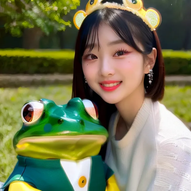 The image shows a young woman with short black hair and a yellow headband with bear ears. She is wearing a white sweater. The woman is smiling and has her right hand on a large green frog statue. The frog is wearing a suit and has a yellow bow tie. The background is a blurred park with trees and bushes.