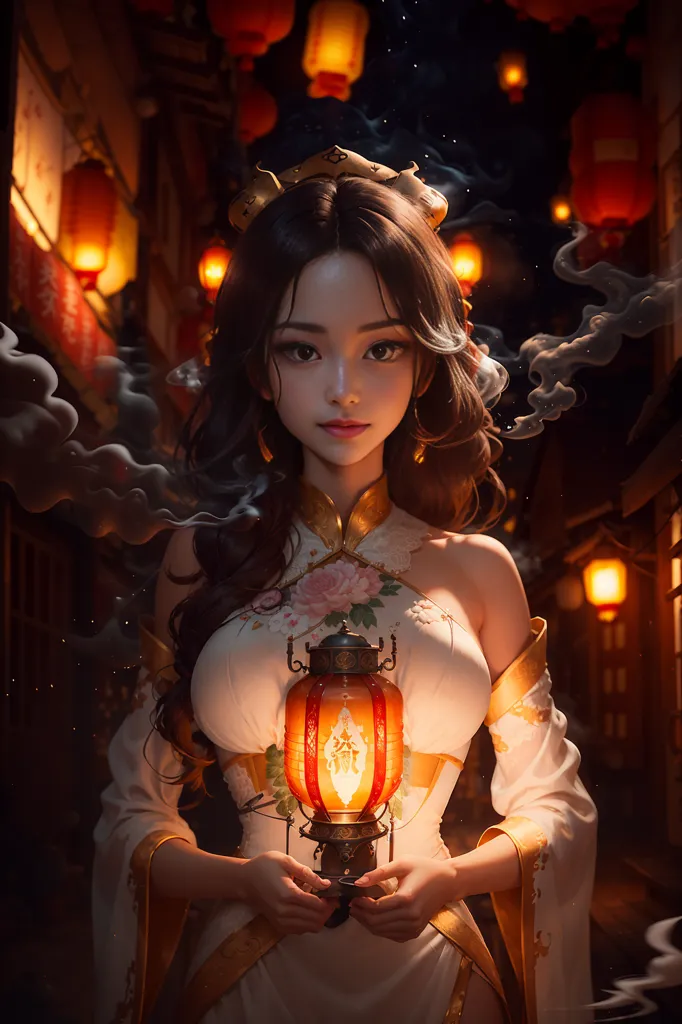 The picture shows a young woman in a white and gold cheongsam-style dress with a traditional Chinese phoenix crown on her head. She is holding a red lantern in her hands. The background is a dark street with red lanterns hanging from the buildings. The light from the lanterns is casting shadows on the woman's face. She has a serene expression on her face.