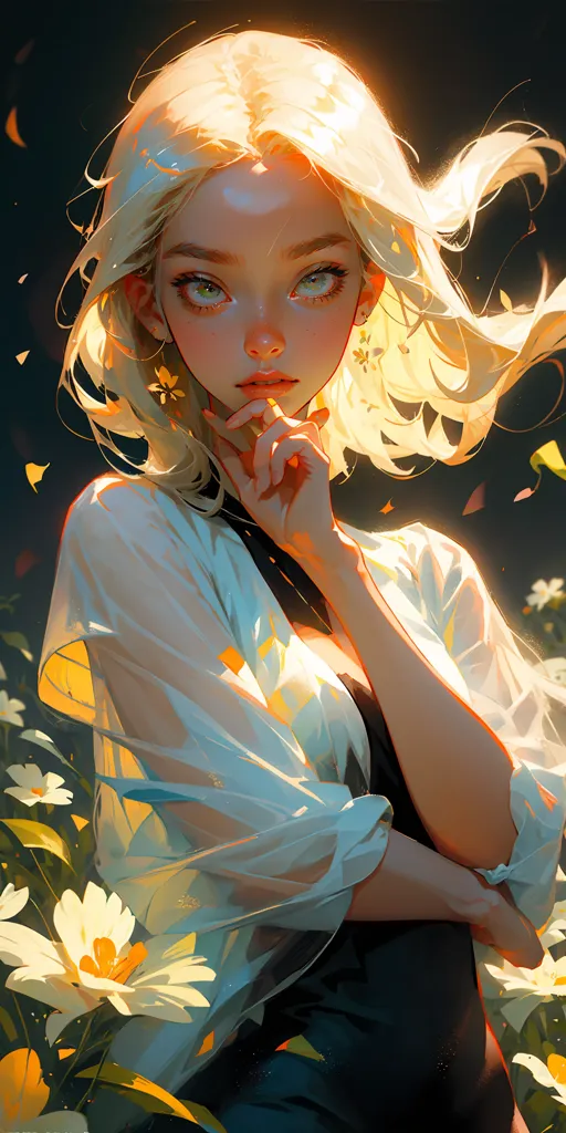 The image is a digital painting of a young woman with long, flowing blonde hair. She is wearing a white dress with a sweetheart neckline and a high collar. The dress is off-the-shoulder, and the woman's shoulders are bare. She is standing in a field of flowers, and there are flowers in her hair. The woman is looking at the viewer with a serious expression. Her eyes are almond-shaped and her eyelashes are long and dark. Her lips are slightly parted and her chin is pointed. The woman's skin is fair and flawless. The painting is done in a realistic style, and the woman's likeness is well-rendered. The colors are vibrant and the lighting is dramatic. The painting is a beautiful and ethereal depiction of a young woman.