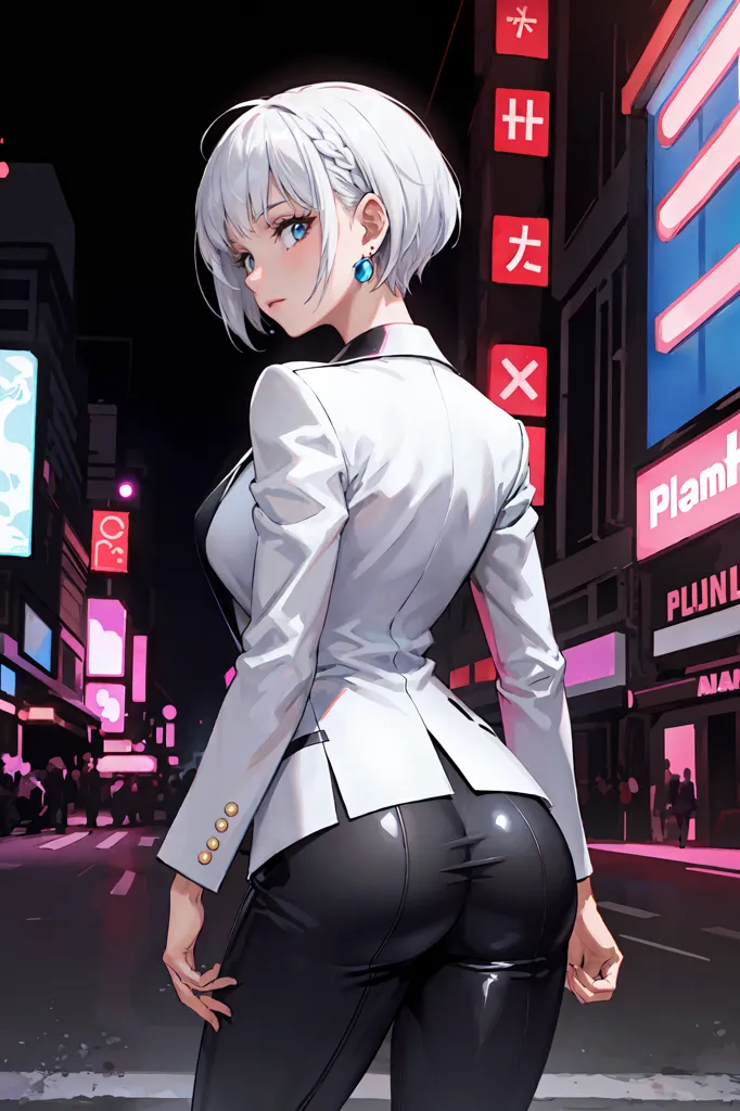 The picture shows a woman with short white hair and blue eyes. She is wearing a white suit jacket and black pants. The jacket is unbuttoned, showing a black bodysuit underneath. She is also wearing black high heels. She is standing in a dark alleyway, with a city street in the background. The street is lit by neon lights. There are people walking on the street. The woman is looking over her shoulder at the viewer. She has a confident expression on her face.