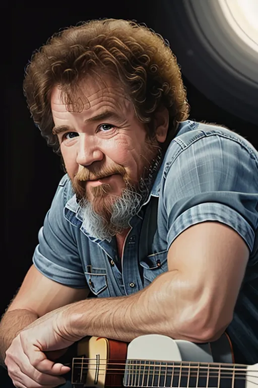 The image shows a man with curly brown hair and a beard. He is wearing a blue denim shirt and has a guitar. He has a confident expression on his face. The background is dark with a spotlight on the man.