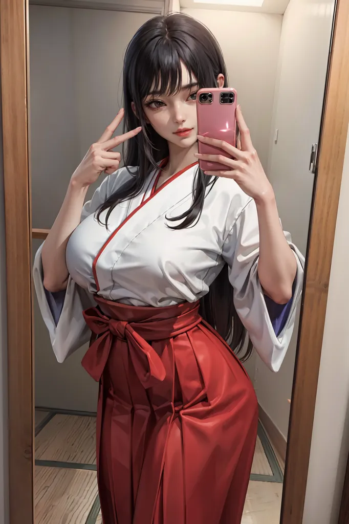 The image shows a young woman standing in front of a mirror, taking a selfie. She is wearing a traditional Japanese kimono, with a white top and a red skirt. The kimono is tied with a red obi sash. Her long black hair is left open. She is holding a pink phone in her right hand and making a peace sign with her left hand. She has a small smile on her face. The background is a blurred image of a hallway.